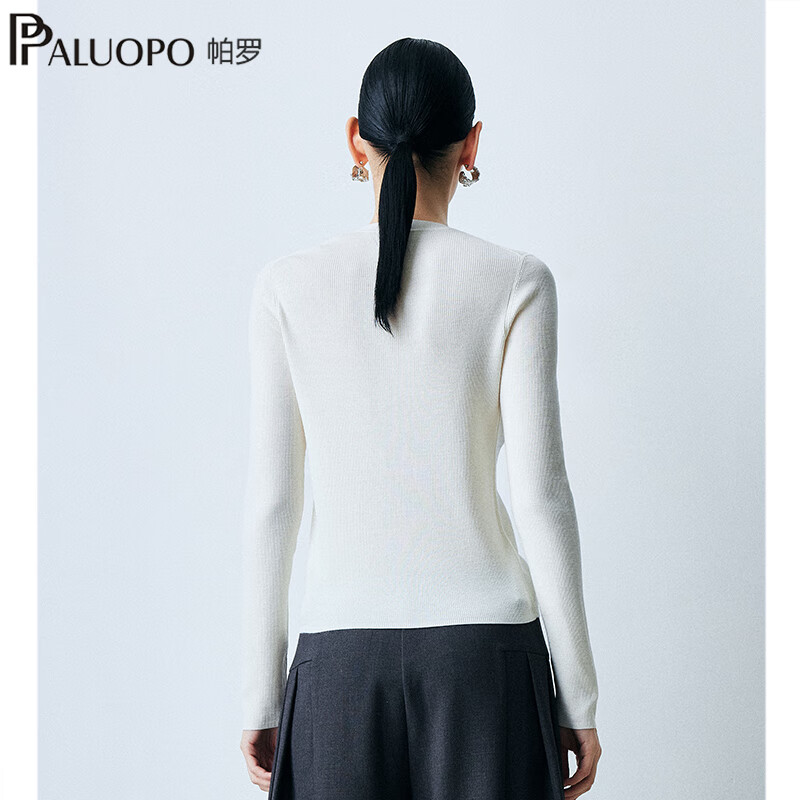 帕罗(PALUOPO)【精纺可机洗】秋冬新款v领纯羊毛开衫女针织衫毛衣60支扬子纱 白色 S 155/95
