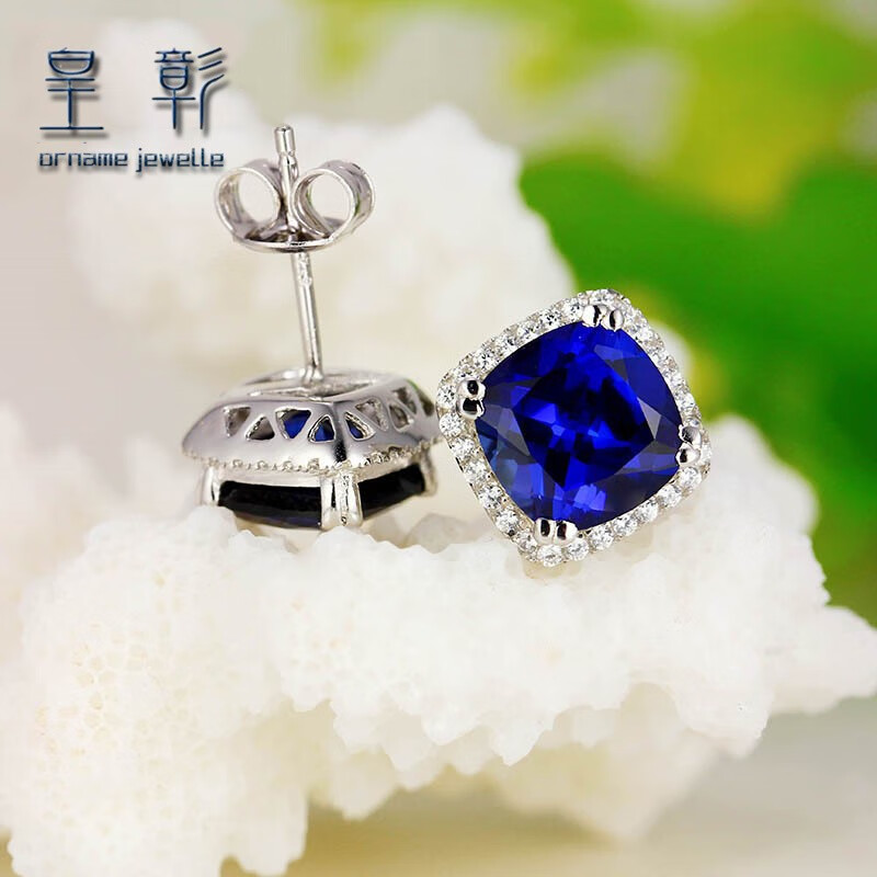 皇彰蓝宝石耳钉925银镶嵌克拉彩色宝石蓝刚玉珠宝耳环女