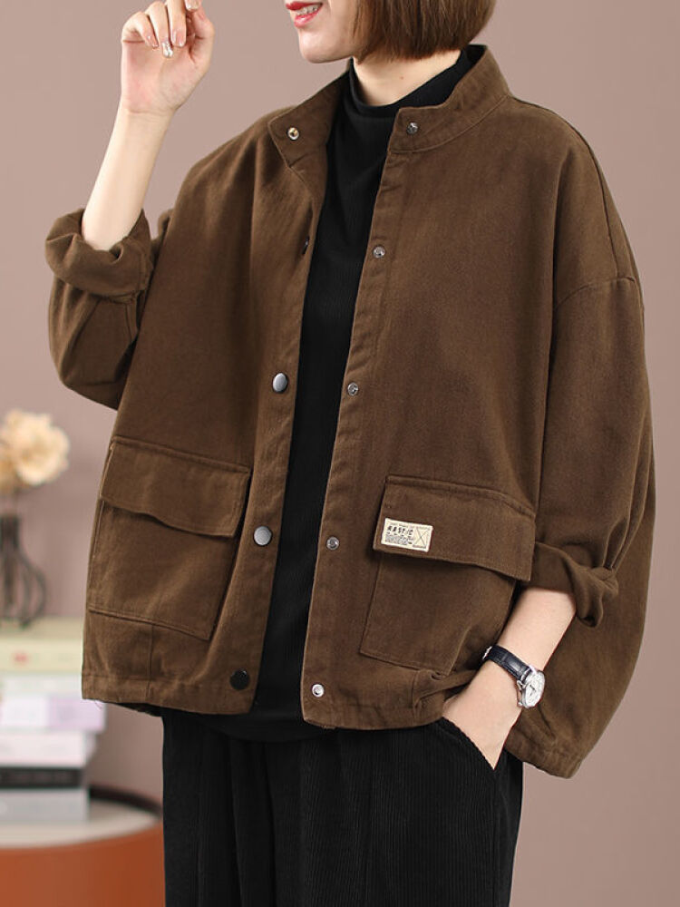 fyvg纯棉立领工装牛仔外套女士休闲夹克新款春秋宽松短款开衫 咖色 m