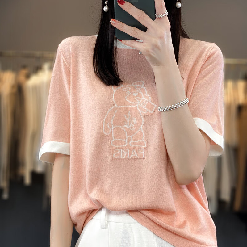 纤晟伊卡通小熊图案针织衫新款夏季韩系女圆领宽松显瘦短袖洋气减龄T恤 粉色 M