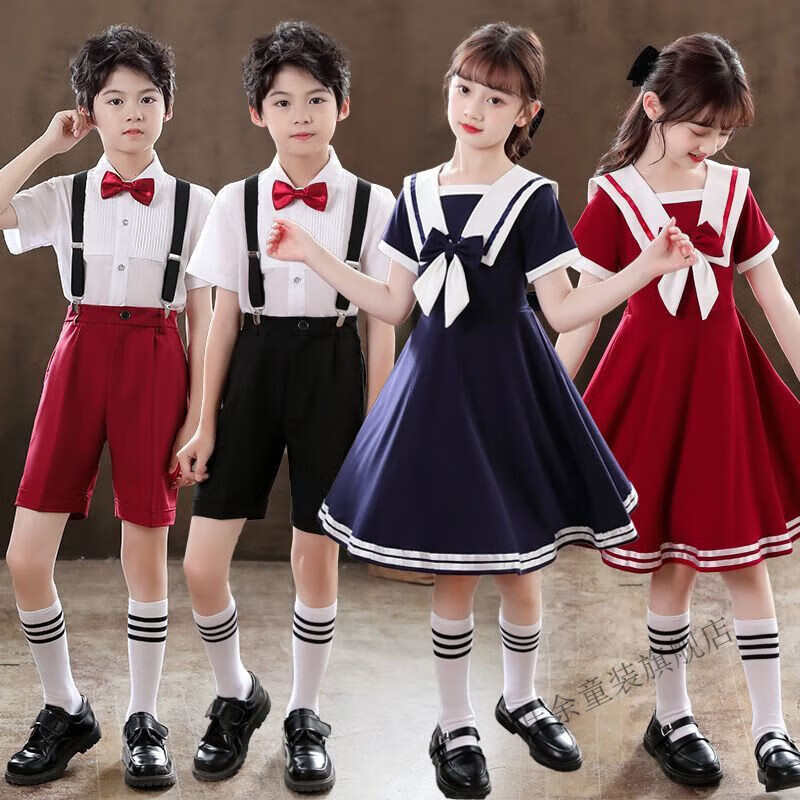 叶余六一儿童合唱演出服女童红色礼服男童毕业诗歌朗诵小学生表演服装