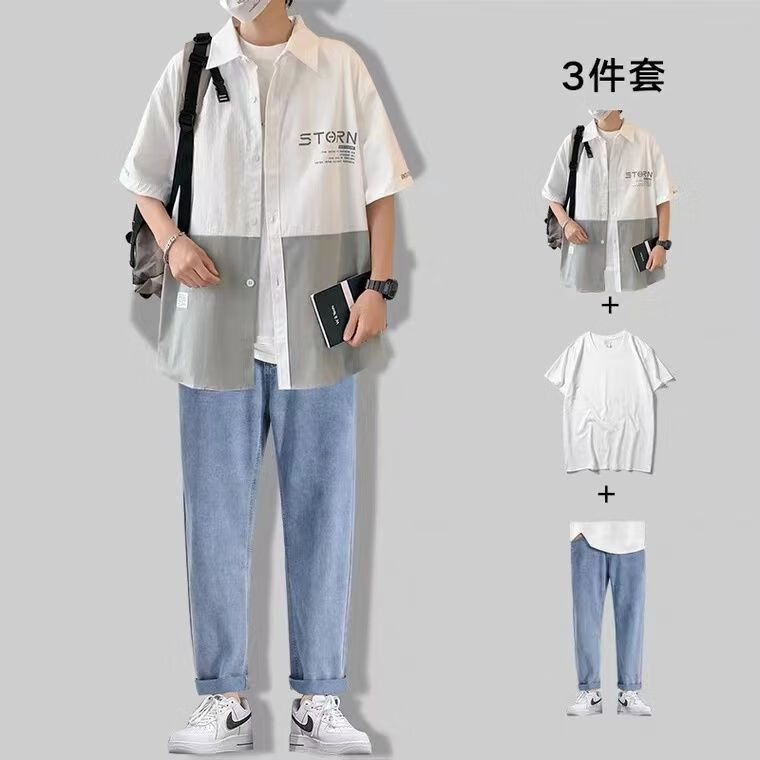 休闲男士潮牌轻熟风短袖衬衣三件套男 3件】180衬衫白 系绳牛仔裤 短t