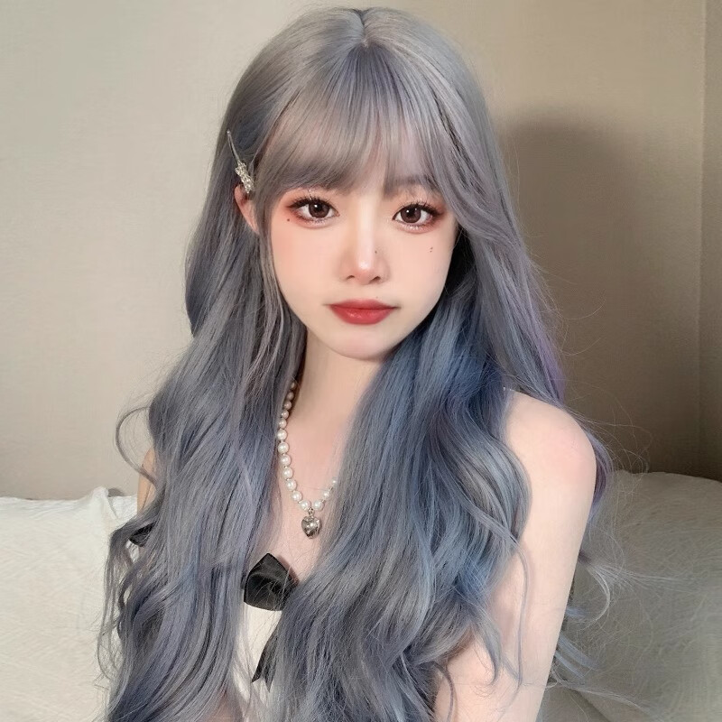 clcey假发女头套oita渐变蓝灰色长卷发cos 灰真发挑染蓝紫色头套 气质