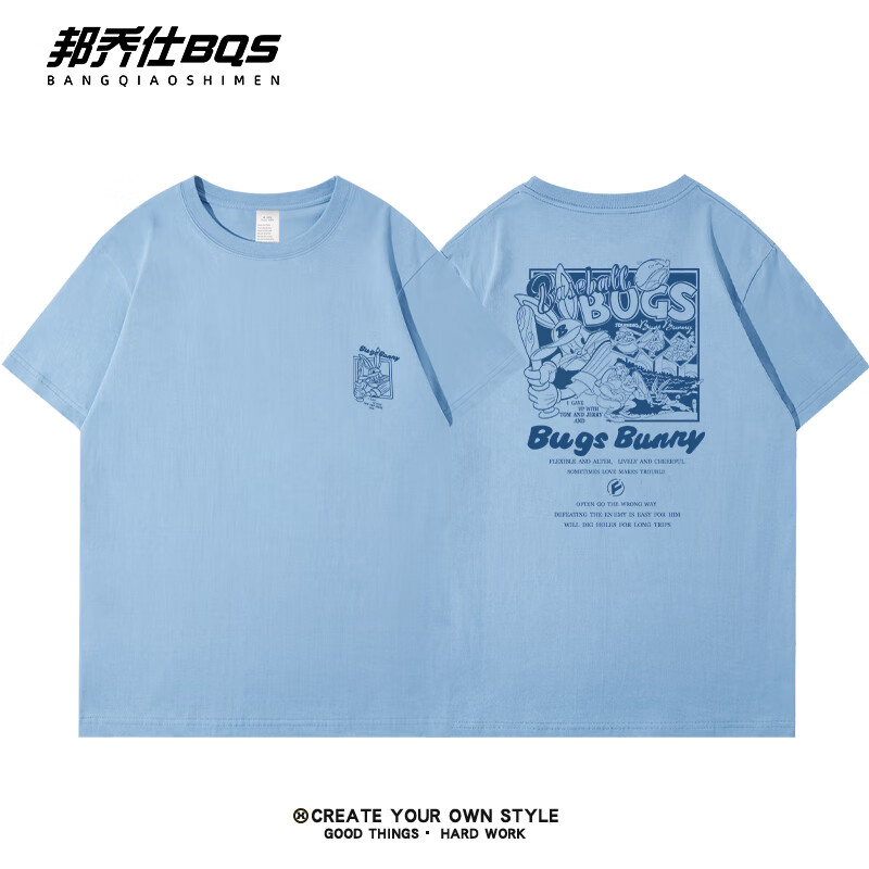邦乔仕（BFDQJS）美式重磅纯棉白色短袖T恤男士夏季新款宽松青少年打底衫学生半袖 雾霾蓝棒球兔八哥 L (推荐体重110-130斤)