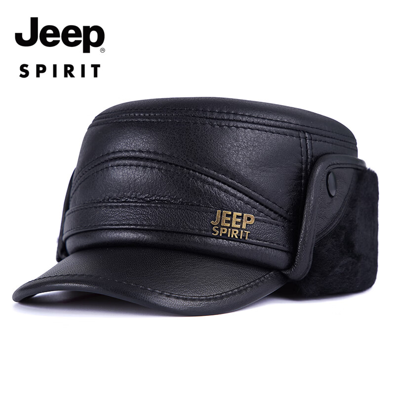 吉普（JEEP）高端羊皮毛一體帽子男士冬季護(hù)耳保暖棉帽老人帽休閑防寒厚平頂帽 黑色 中號(hào)XL(57-58cm)