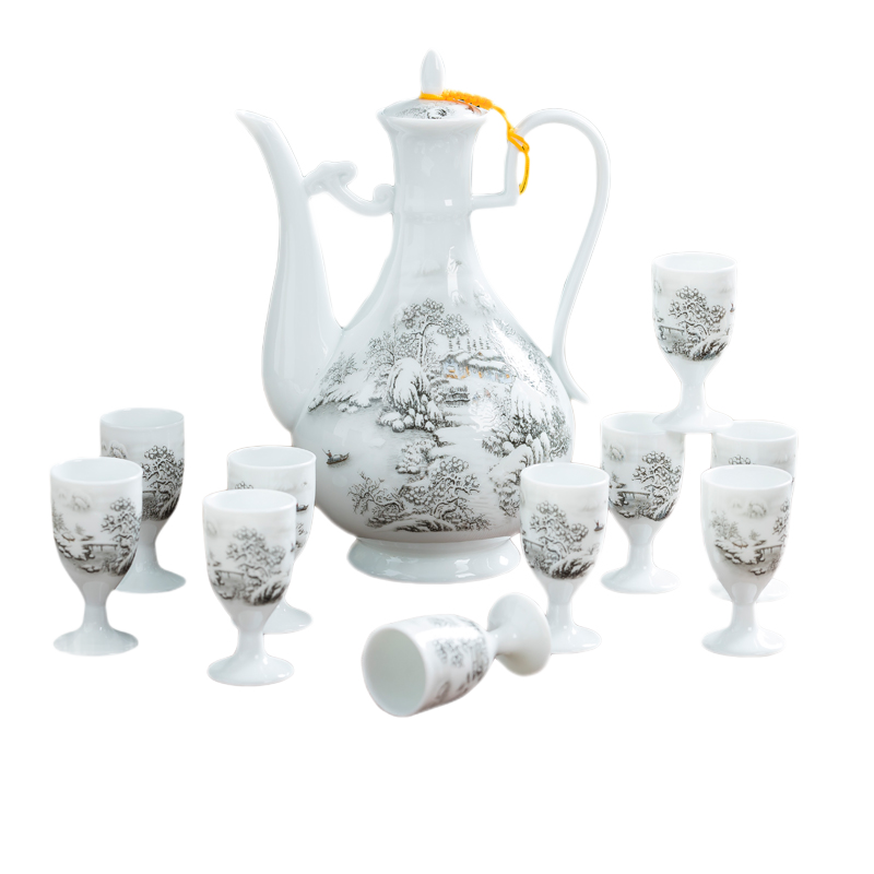 陶沁泉白酒杯陶瓷高腳杯酒具套裝一口杯小酒盅景德鎮(zhèn)青花瓷 富貴蓮10個(gè)酒杯