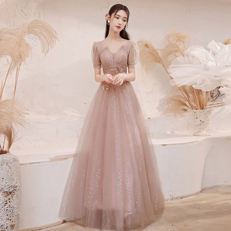 塞德勒晚礼服裙宴会2022新款轻奢高级感小众高端气质仙气主持人设计感女 藕粉色 S