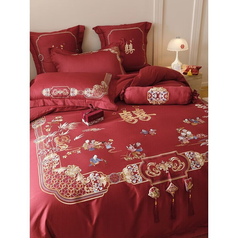 霜魄百子图四件套新中式风婚庆100s长绒棉百子迎喜刺绣被套结婚床上用
