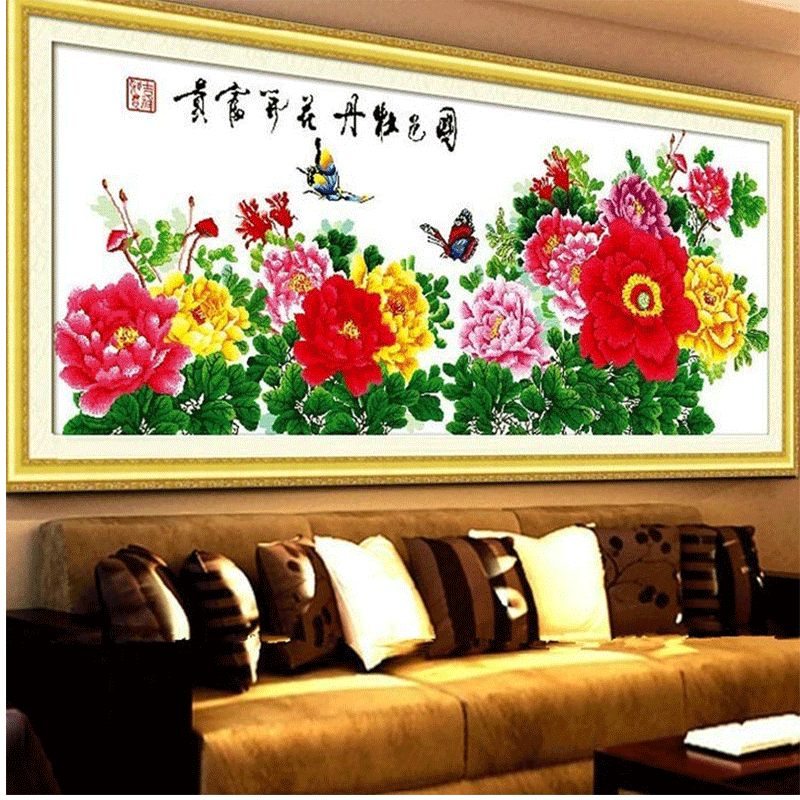 织巢鸟纯手工十字绣成品九尺牡丹花开富贵牡丹图客厅办公室大幅装饰挂