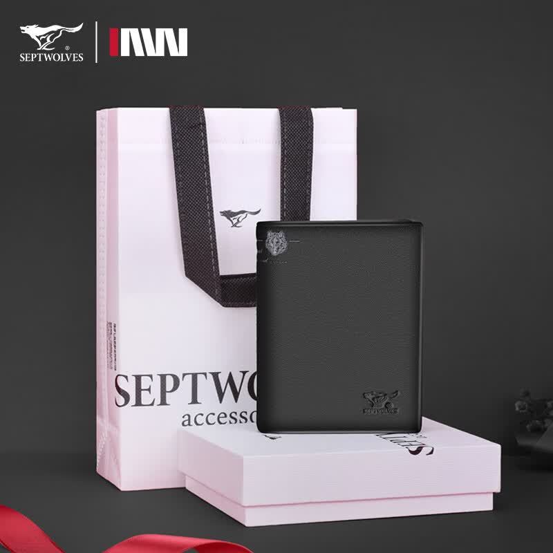 七匹狼(SEPTWOLVES)男士钱包短款真皮商务休闲头层牛皮短款钱夹父亲节礼物实用送爸爸 款式三加厚竖款黑色礼盒装