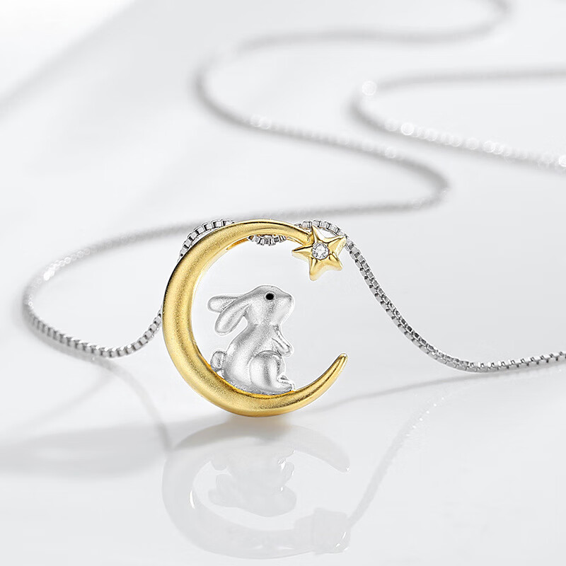 s925银分色月亮兔项链女中秋创意动物设计吊坠小众款式 月亮项链一条 925银