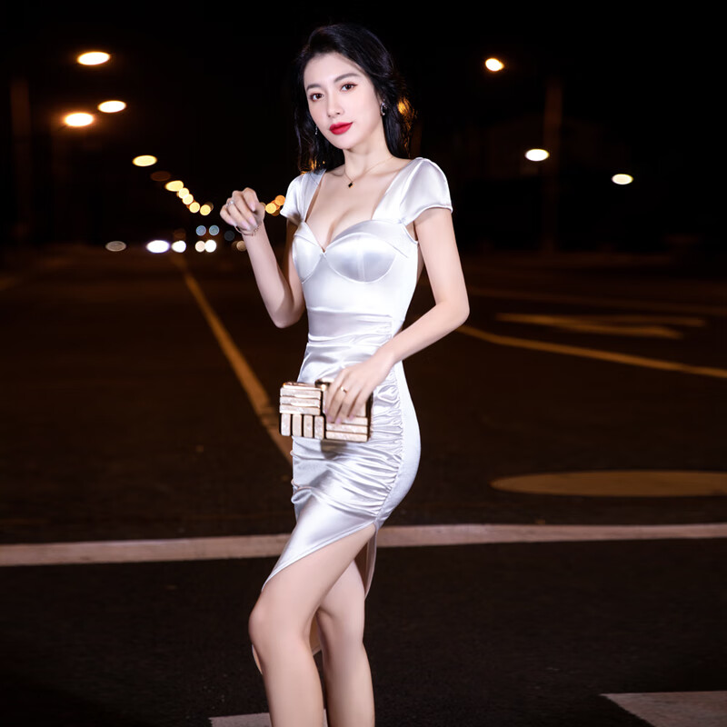 創(chuàng)京懿選夜場性感女裝高級夏季夜場上班衣服性感連衣裙夜店女裝性感晚禮服 白色 XL