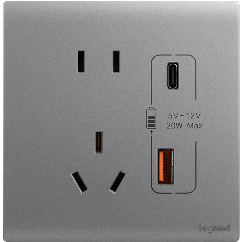 罗格朗 开关插座面板简悦深砂银多孔家用五孔86型暗装5孔墙壁电源电脑插 Type A+C USB充电插座 20W