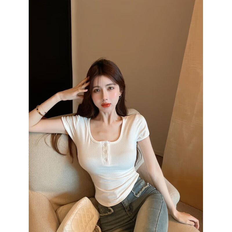 浪蔷性感上衣低胸新款辣妹纽扣半截袖t恤女夏天穿的显胸大不规则弧形