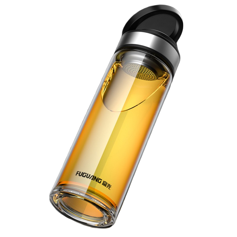 富光 玻璃杯男女水杯大容量便携提环单双层办公泡茶杯子带过滤加厚底 单层黑色600ml