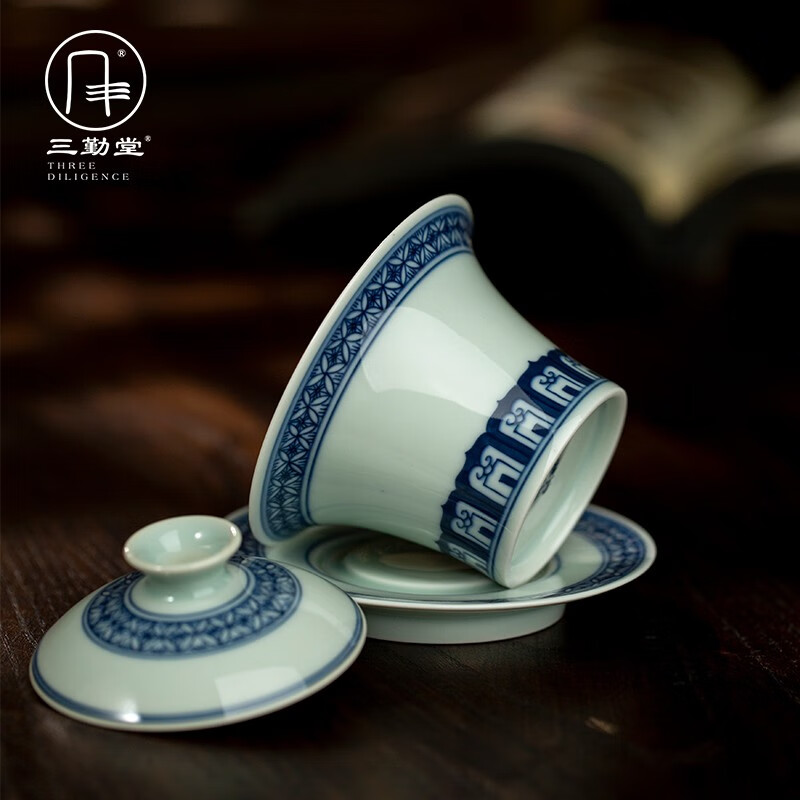 三勤堂手绘釉下青花宝相三才马蹄泡茶盖碗景德镇陶瓷功夫茶具茶碗家用 宝相纹马蹄盖碗（特级品）