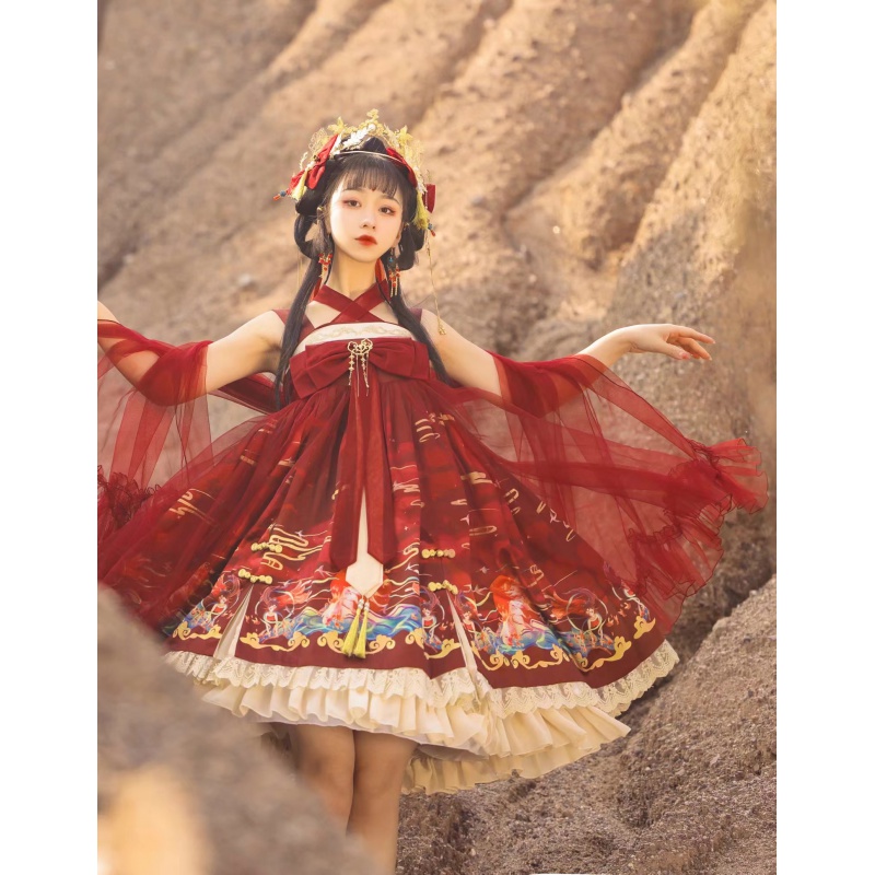 太炎兽lolita全款现货中国风洛丽塔裙jsk酒红色连衣裙独角兽之翼 jsk