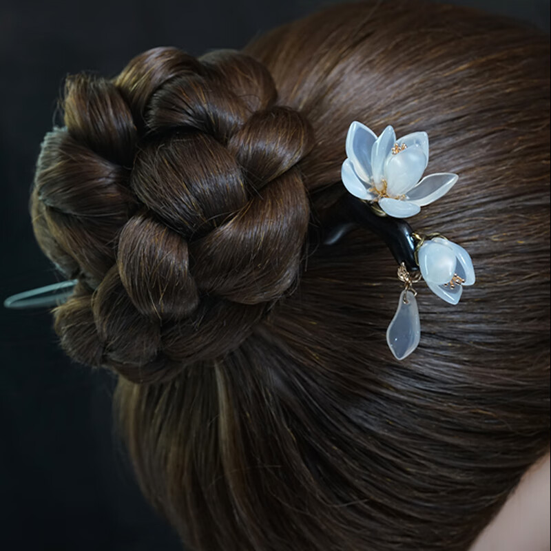 万宝资白玉兰发簪子古风玉簪黑檀木簪发钗流苏汉服头饰手工旗袍盘发