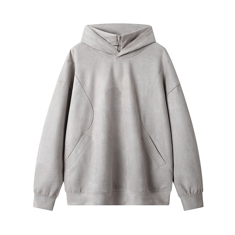 白尾港大码春季新款拼接宽松连帽上衣纯色麂皮绒卫衣 浅灰色 m