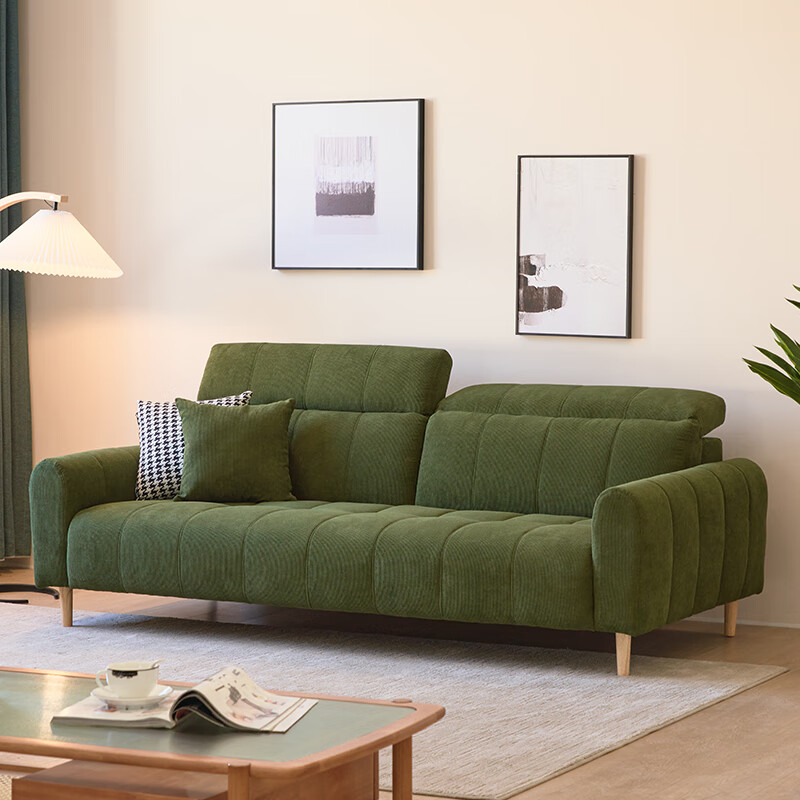 布艺沙发简约客厅直排靠背可调节复古灯芯绒三人沙发 墨绿色灯芯绒