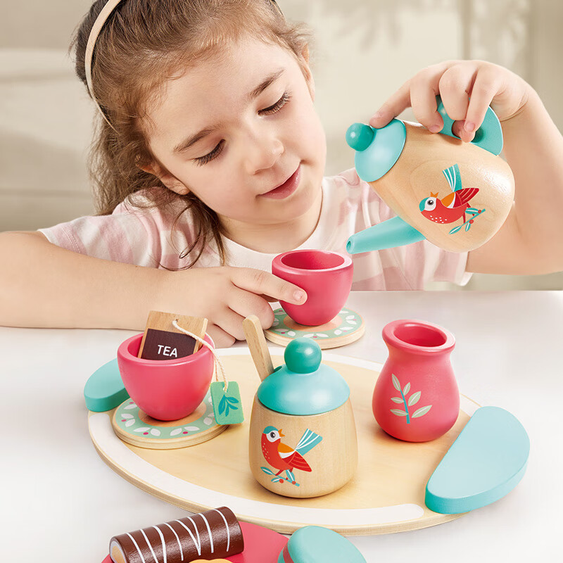 Hape过家家玩具 仿真木质道具梳妆包下午茶医生扮演 男女孩玩具礼物 精致下午茶茶具套装 2-8Y