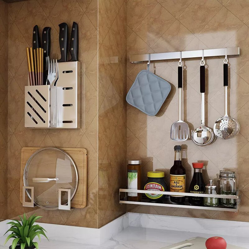 【精选】厨房调料置物架不锈钢调料架壁挂式免打孔调味品油盐酱醋 刀架 【免打孔】+免钉胶