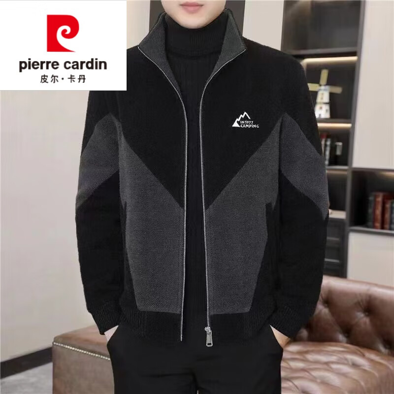 皮尔卡丹（pierre cardin）秋冬季新品立领短款风衣夹克男毛呢加厚拼色呢子大衣外套男装 黑色 M
