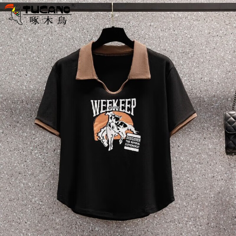 啄木鸟（TUCANO）正肩短袖T恤女装2025年夏季新款显瘦遮肚子胖美美上衣潮 黑色 XL xl 建议120-140斤