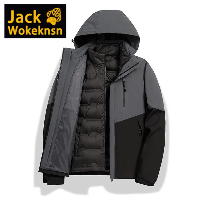 JACK WOKEKNSN狼爪云冲锋衣男女羽绒三合一情可拆卸户外秋冬加厚防风情侣外套 99536黑色男-羽绒三合一 XL