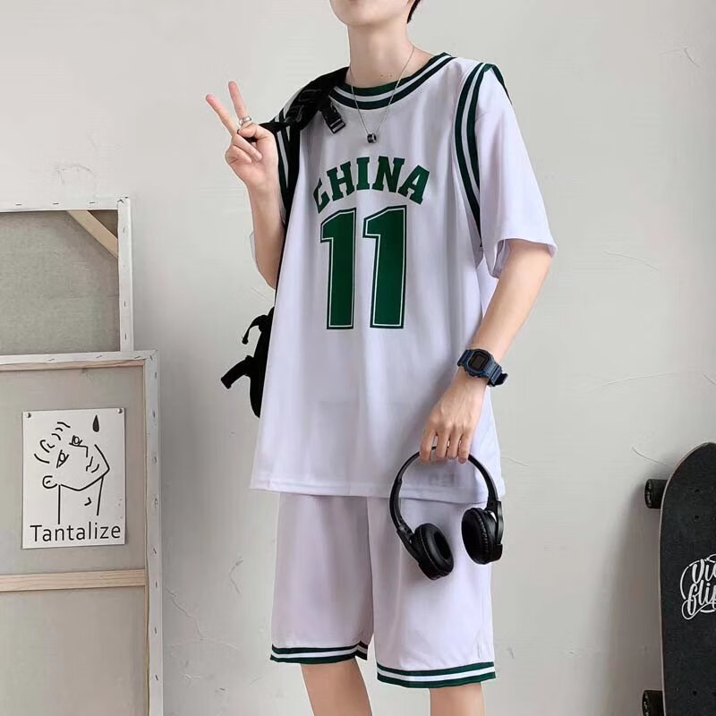 港埔潮夏季男生篮球服套装ins港风假两件短袖t恤宽松运动短裤潮流两件