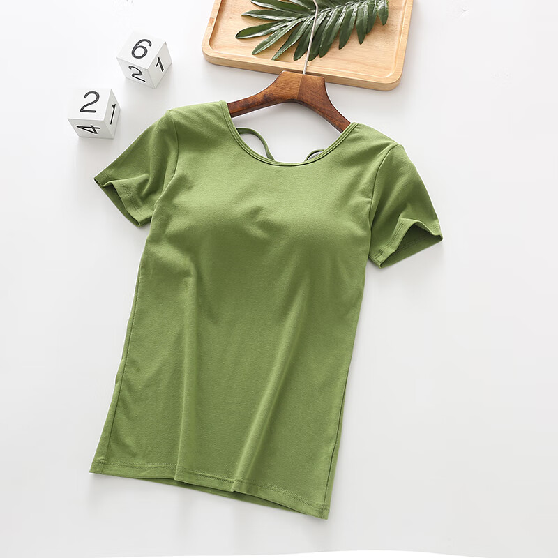 煜蕊（ZCYURUI）女夏带胸垫螺纹棉半袖T恤衫罩杯一体短袖打底百搭纯色圆领免文胸 绿色 S