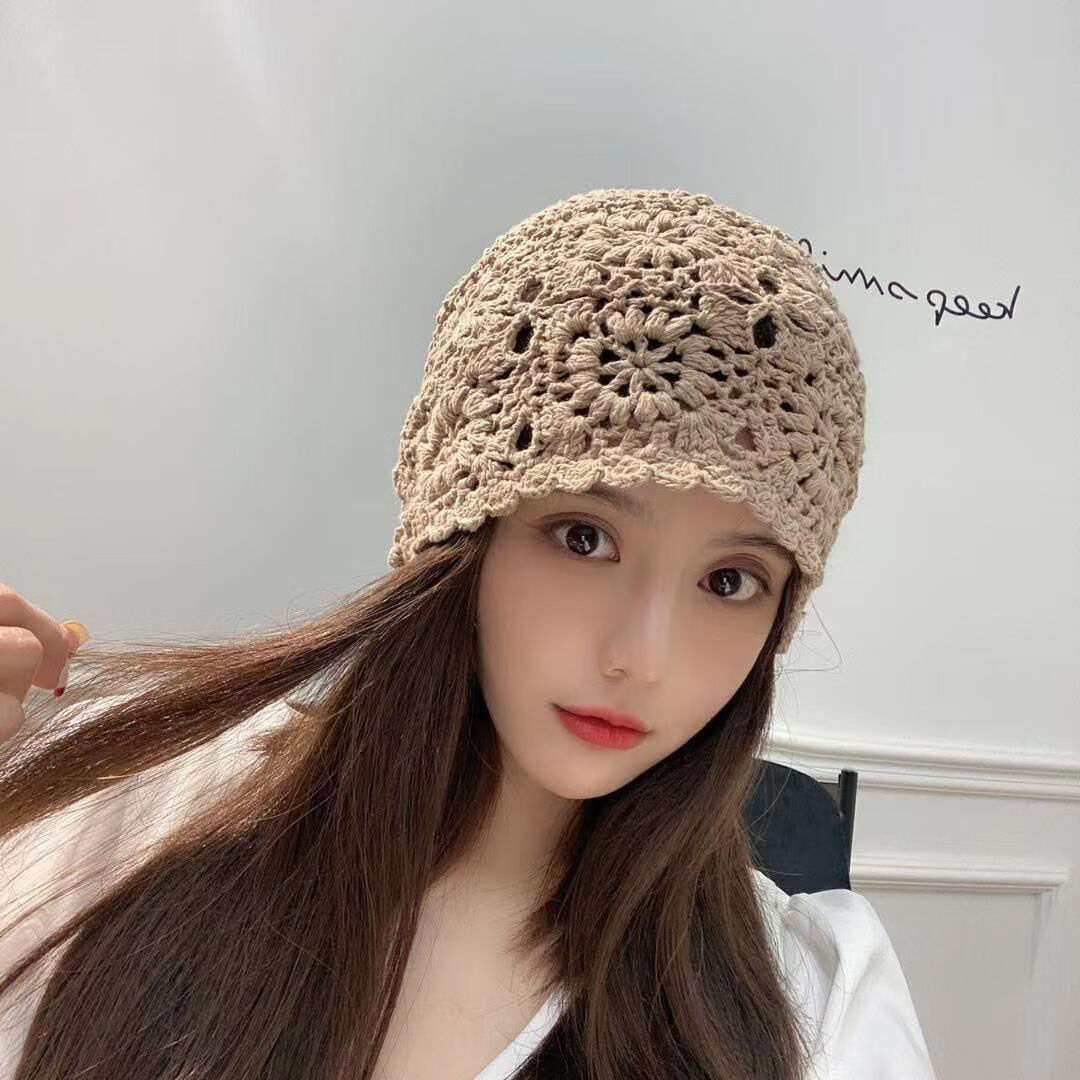 回梦生花遮白发帽子薄款春夏薄款镂空棉线手工女钩花帽子编织毛线帽
