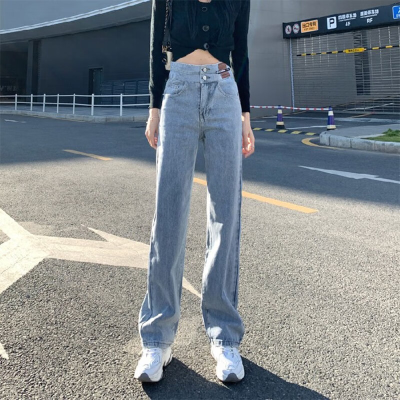 相伊恋人高腰阔腿裤牛仔裤女25年春秋季新款宽松直筒小个加绒拖地休闲裤子 复古蓝【竖双扣款】 -加绒加厚 M 【建议95-115斤】