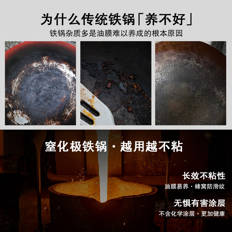 Amercook炒锅铁锅0氟涂层不粘锅炒菜锅家用平底已开锅电磁炉燃气灶通用 极铁炒锅【带盖+免开锅】 30cm