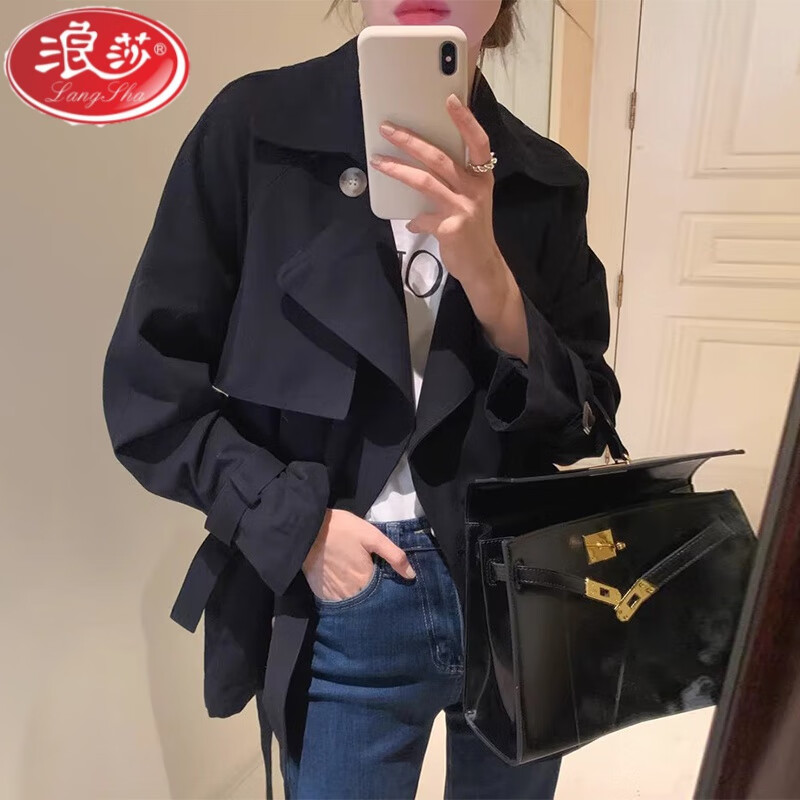 浪莎（LangSha）韓國(guó)chic秋季復(fù)古英倫風(fēng)西裝領(lǐng)雙排扣系帶收腰顯瘦短款風(fēng)衣外套女 黑色 均碼