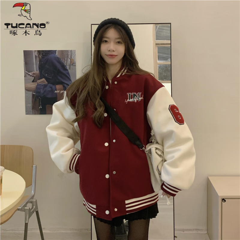 啄木鸟夹球服外套女秋季2024新款美式复古加厚bf风宽松夹克上衣ins