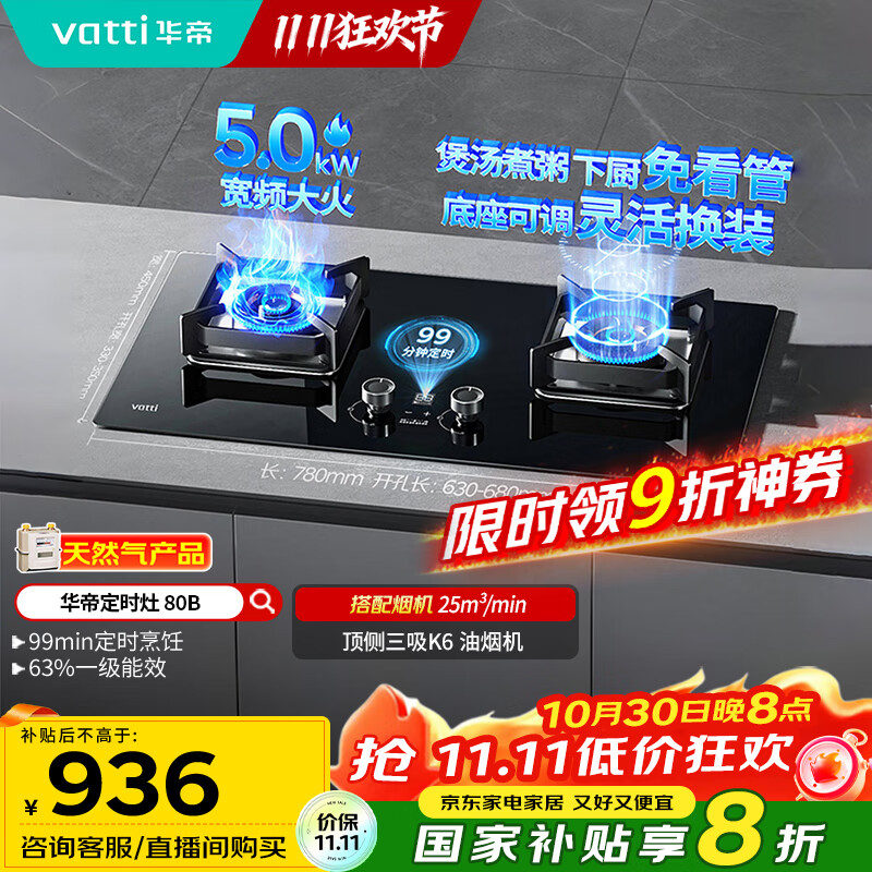 华帝(VATTI)国家政府补贴定时燃气灶天然气嵌入式5.0kW大火力猛火煤气灶双灶台灶具i10080B【天然气产品】