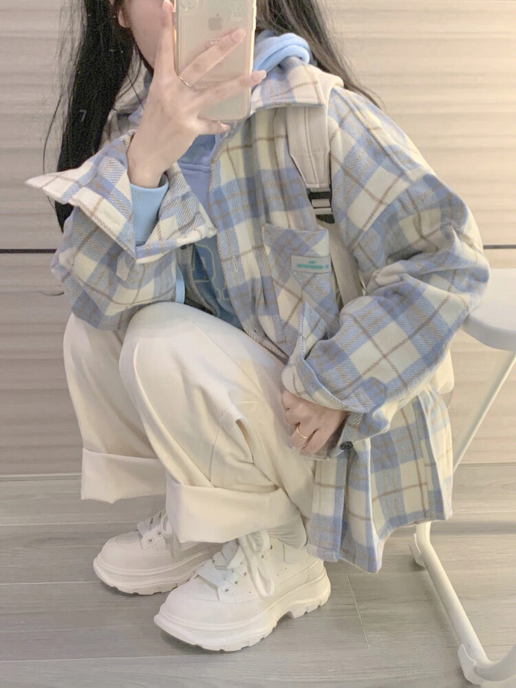 大唐喜乐牛少女范磨毛格子衬衫女春秋小清新学院风叠穿上衣甜美慵懒