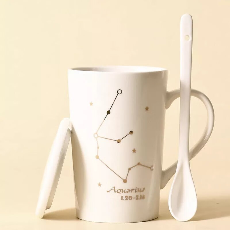 陶瓷杯子泡茶杯过滤马克杯带盖勺欧式咖啡杯潮流情侣水杯 水瓶座(1