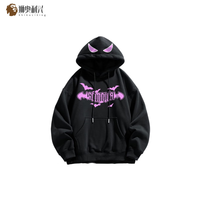 狮奥利兴comowa美式恶魔手绘蝙蝠哥特字母logo印花加绒宽松情侣连帽