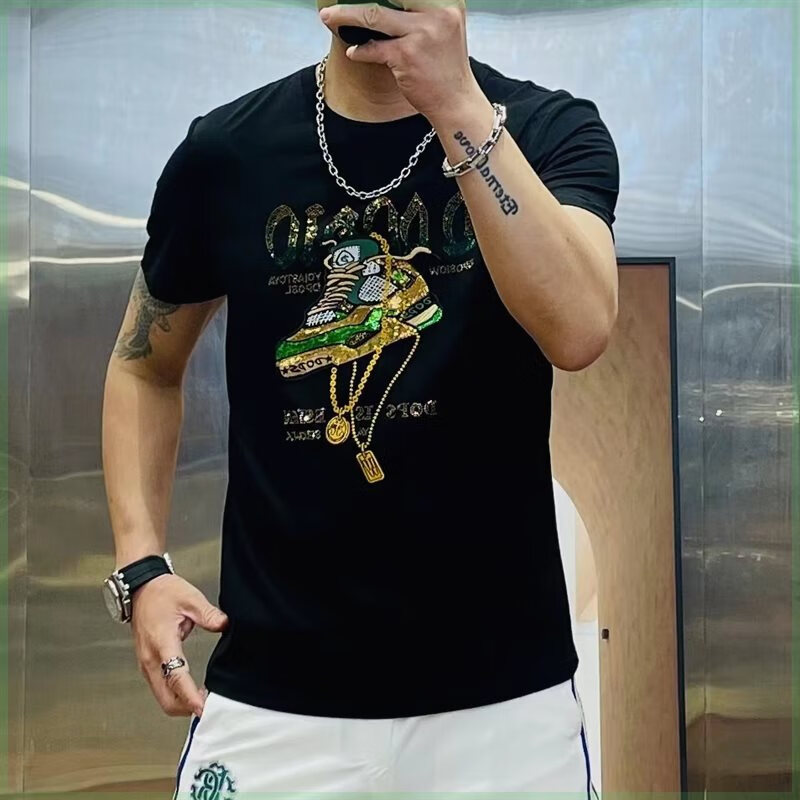 tyburnyos欧品男装雄哥潮尚xg春夏男圆领刺绣烫钻潮鞋休闲短袖t恤
