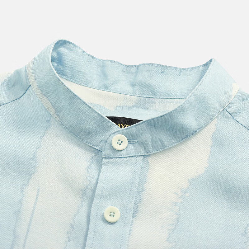 MAYOR男装夏季莱赛尔麻印花休闲时尚水洗短袖男衬衫 浅蓝 38