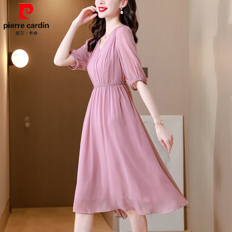 裙子真丝连衣裙女夏季新款高端桑蚕丝收腰裙子夏天 品牌旗舰粉色 品牌