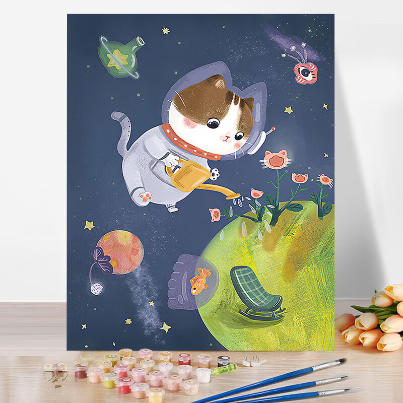 abdtdiy数字油画儿童手工涂色丙烯颜料画猫咪带框 航空猫1(内框需要自