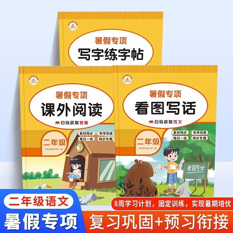 二年级下册暑假作业 部编人教版语文数学同步训练小学二升三暑假衔接复习天天练三年级上册预习一课一练习册 【语文专项】字帖+阅读+写话【3本】