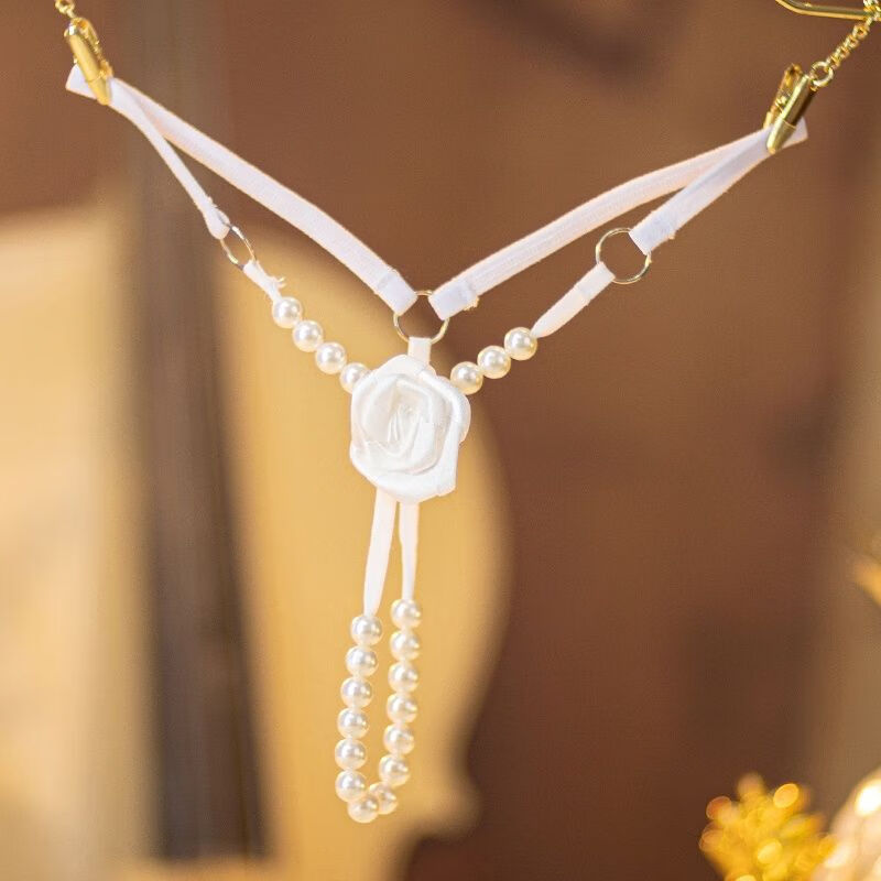 日系性感磨珠情趣内裤 火辣诱惑玫瑰刺绣按摩珍珠丁字裤 纯欲一根线多