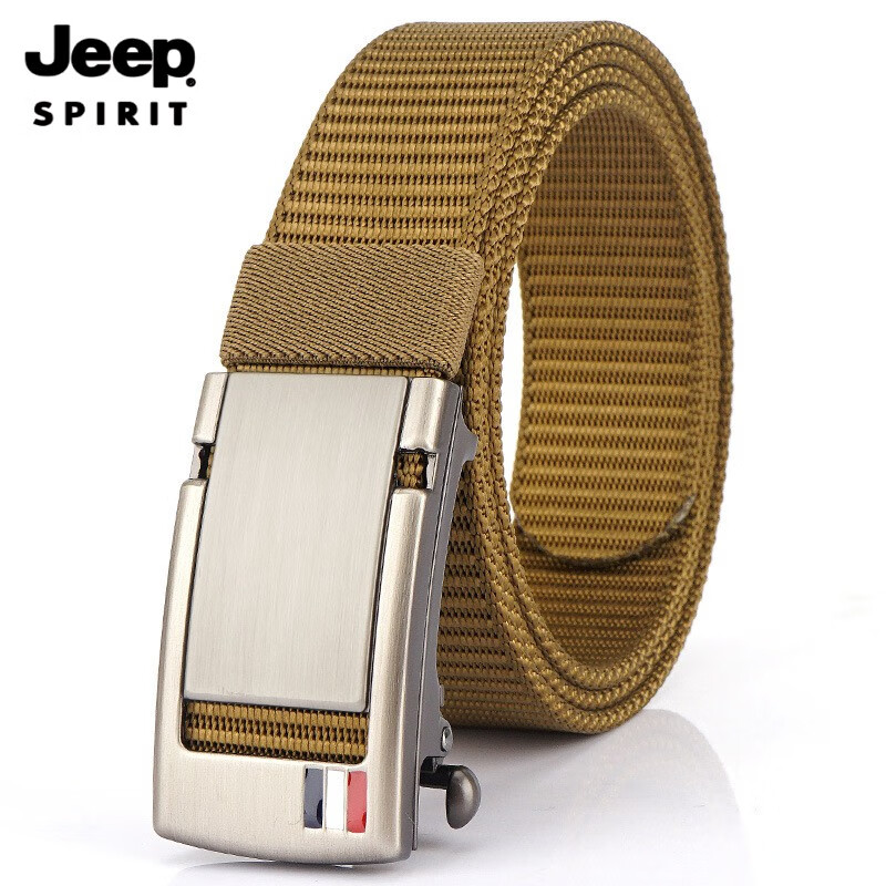 JEEP SPIRIT男士休闲加厚尼龙腰带布质无牙情人节皮带帆布裤带青年内扣内穿式 银扣--卡其色 120cm