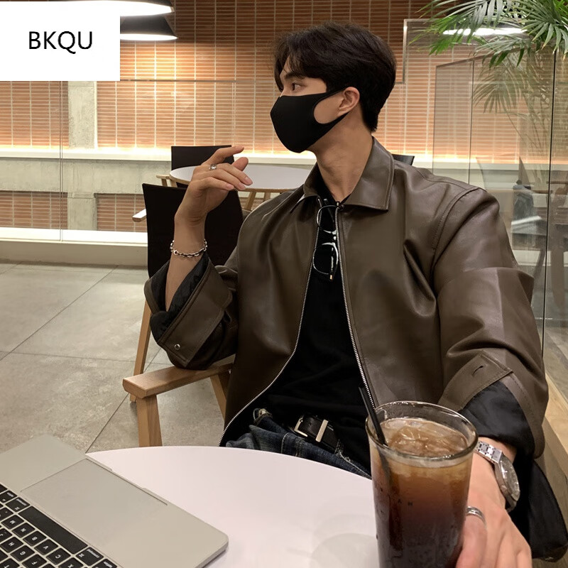 23美式复古棕色皮衣外套男ins潮翻领短款机车pu皮夹克痞帅感男 咖啡色