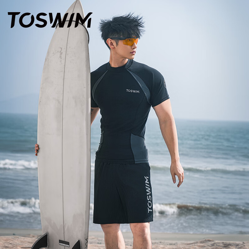 TOSWIM男士泳衣泳裤套装冲浪服沙滩裤可下水运动健身衣 极速黑鲨2XL
