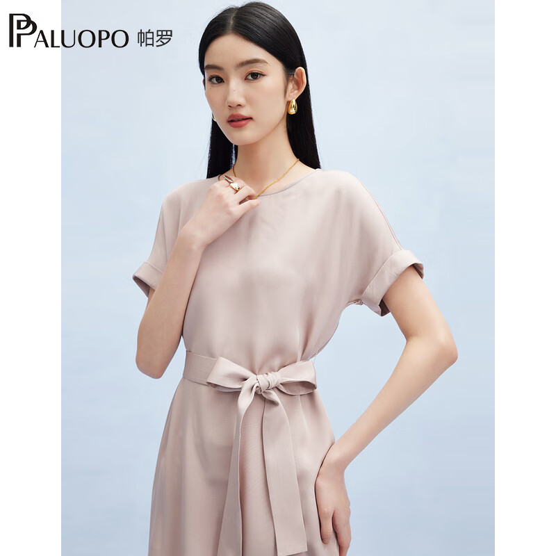 帕罗（PALUOPO）新款22姆米重绉圆领纯色短袖连衣裙重磅真丝高腰销售系带淑女裙子 粉紫 S (155/80A)